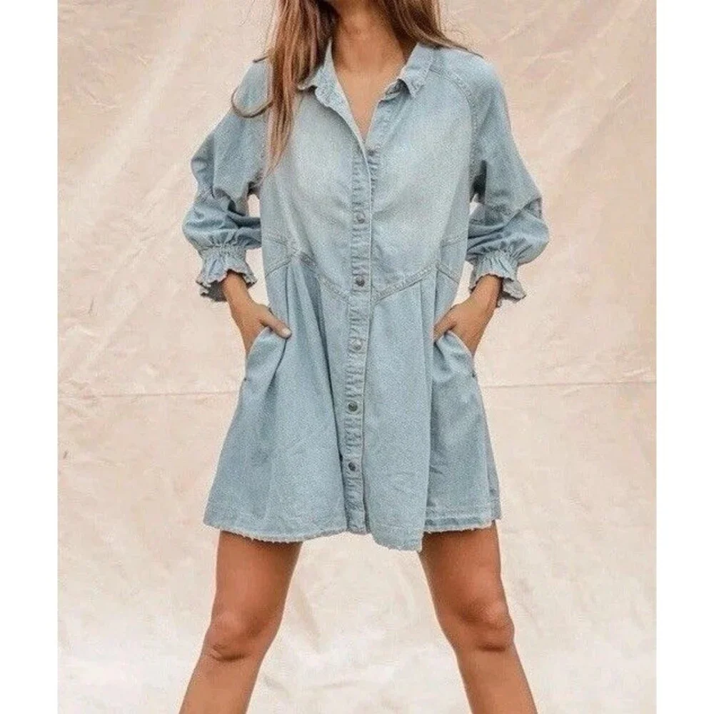 Free People Hannah Denim Mini Dress Sz Small Distressed Light Blue Denim